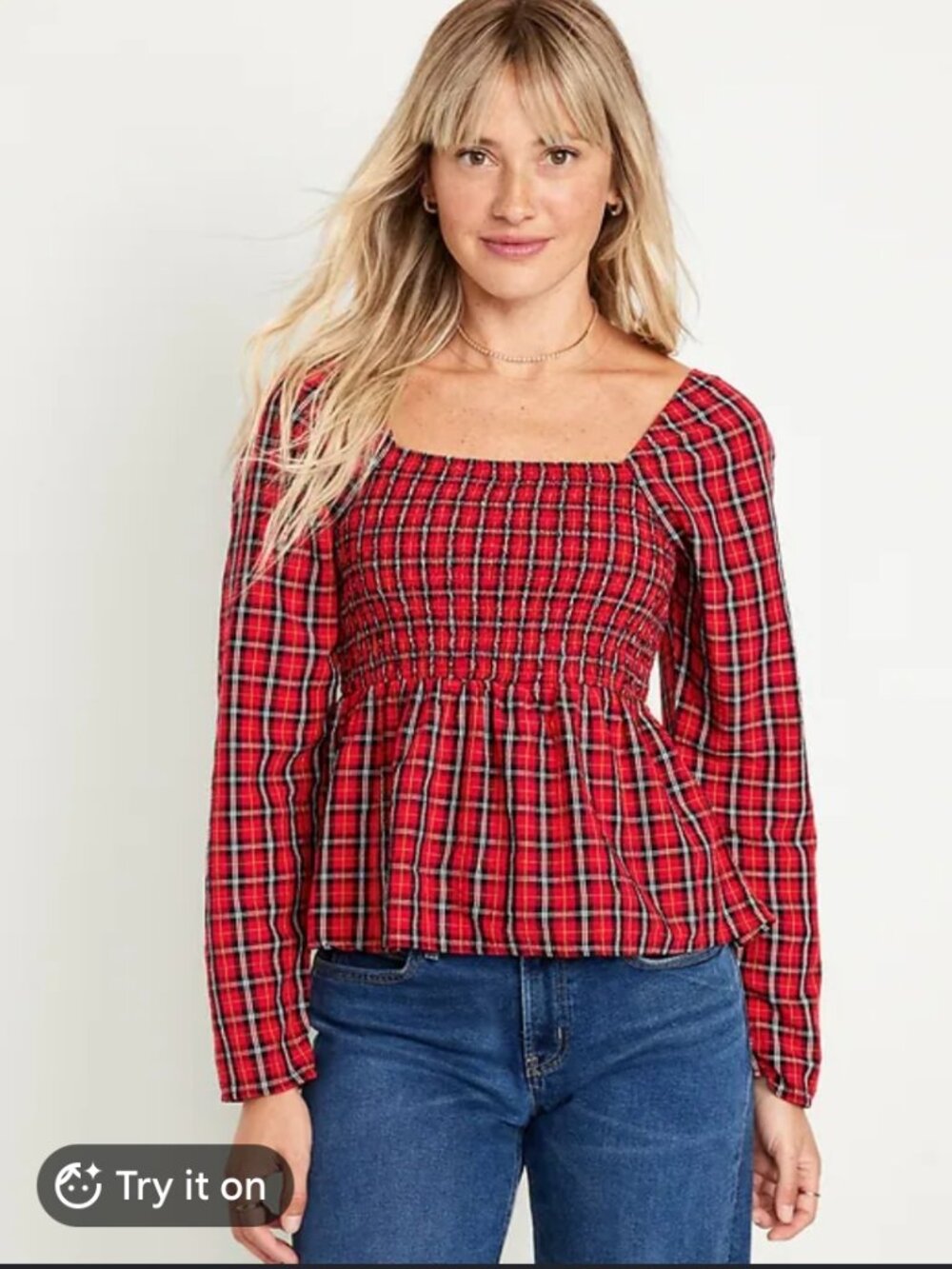Old Navy Red Tartan Plaid Smocked See Sucker Peplum Blouse Size Medium